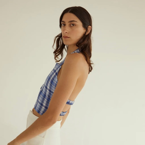 NWT PERMANENT VACATION Perception Halterneck in Blue Plaid Tartan Open Back - Picture 2 of 9